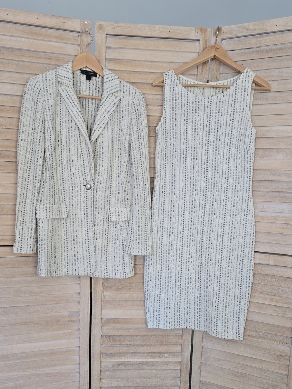 St. John Collection Metallic Knit 2 Piece Dress Jacket Set Ivory Gray